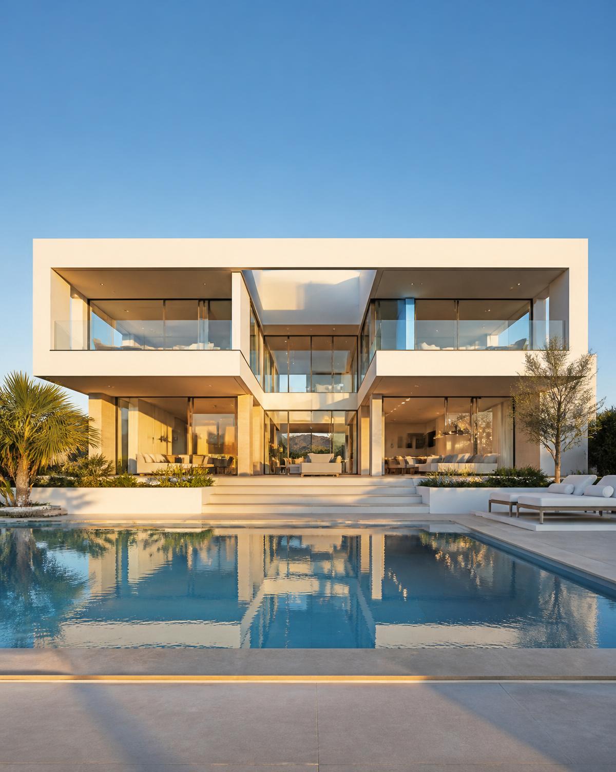 Modern luxury villa with glass facade and pool